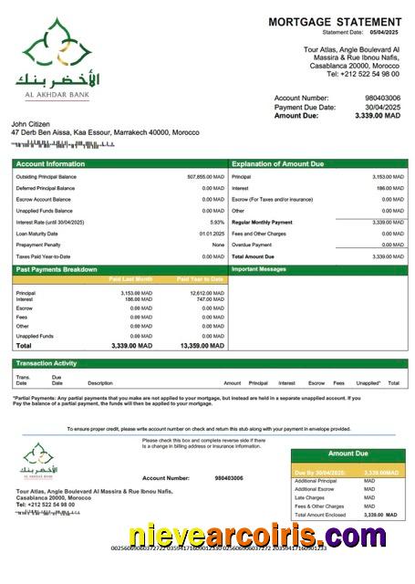 Morocco Al Akhdar Bank (AAB) mortgage statement Word and PDF template